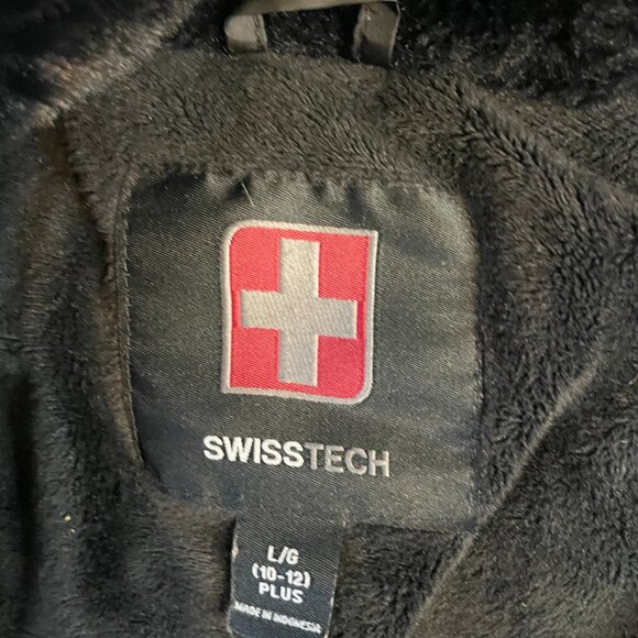 Swiss Tech Quilted Jacket Womens Large 10-12 Black Fleece Lined Full Zip Hooded - Picture 2 of 6